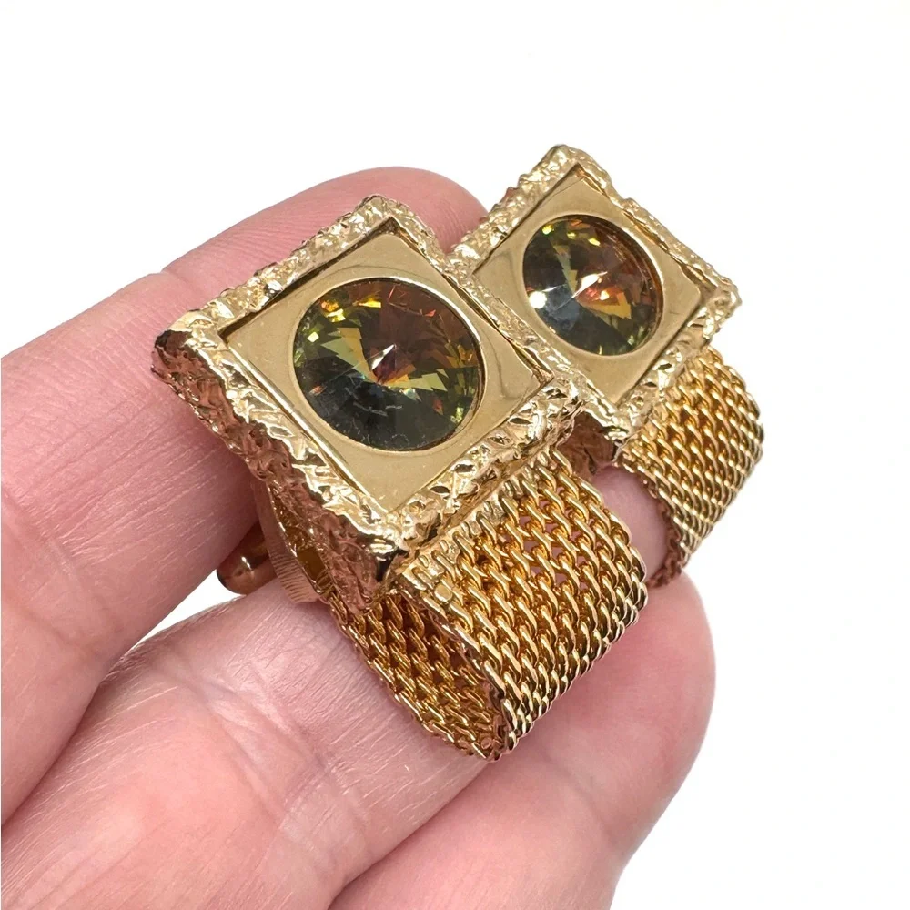 Vintage Watermelon Rivoli Wraparound Cufflinks Textured Square Goldtone Mesh